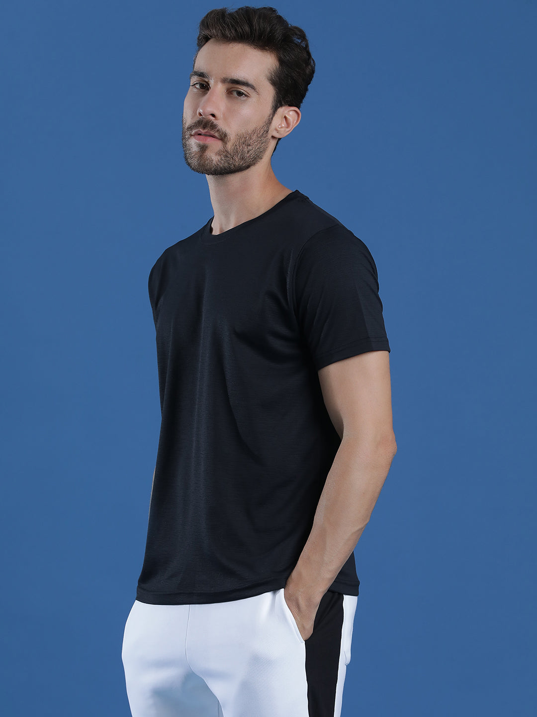 Polyester Lycra Jacquard Textured Round Neck Slim Fit Half Sleeve T-Shirt