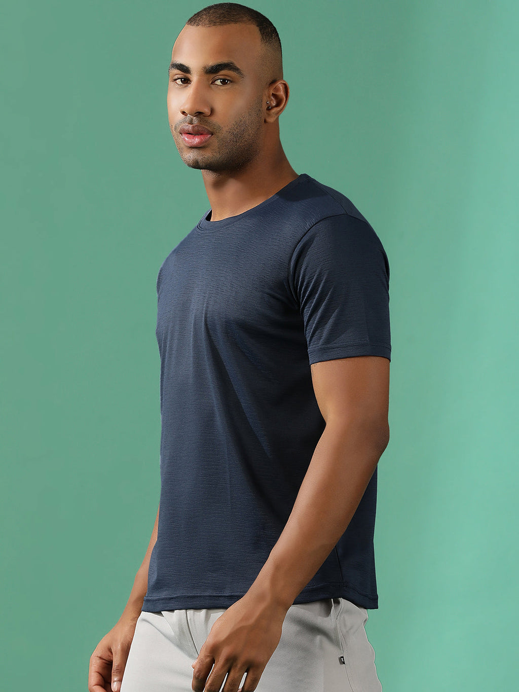Polyester Lycra Jacquard Textured Round Neck Slim Fit Half Sleeve T-Shirt