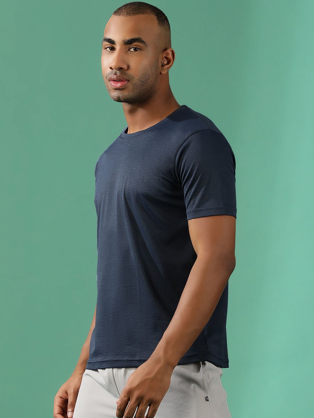 Polyester Lycra Jacquard Textured Round Neck Slim Fit Half Sleeve T-Shirt