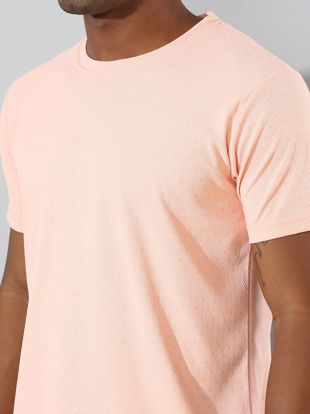 Polyester Jacquard Textured Round Neck Slim Fit Half Sleeve T-Shirt