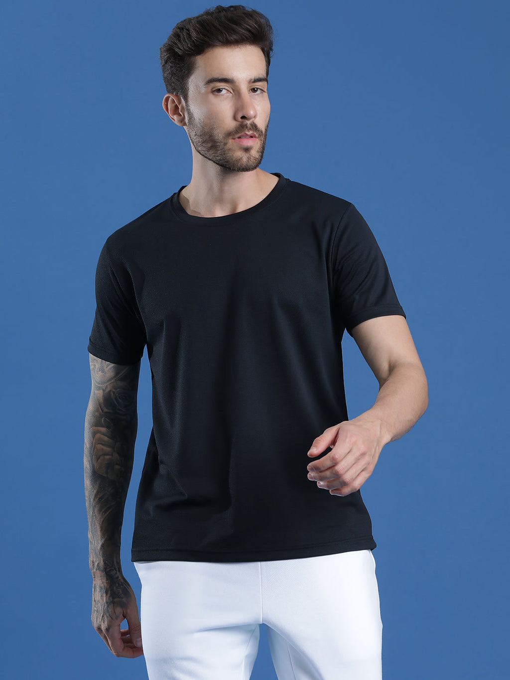 Polyester Jacquard Textured Round Neck Slim Fit Half Sleeve T-Shirt