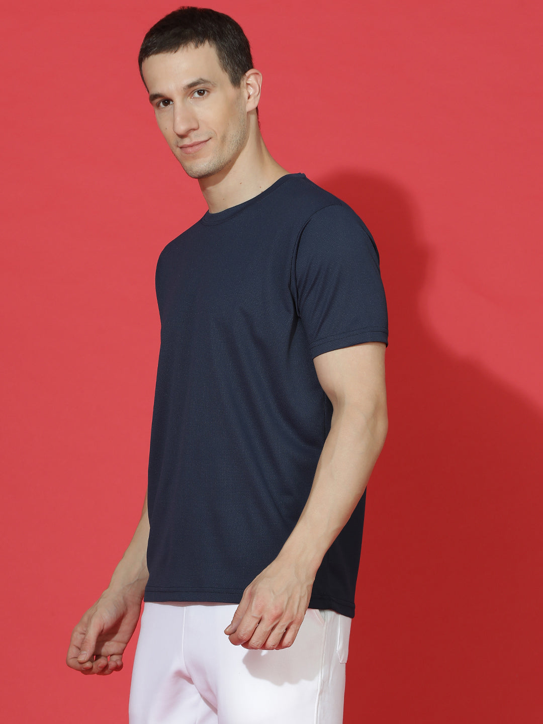Polyester Jacquard Textured Round Neck Slim Fit Half Sleeve T-Shirt