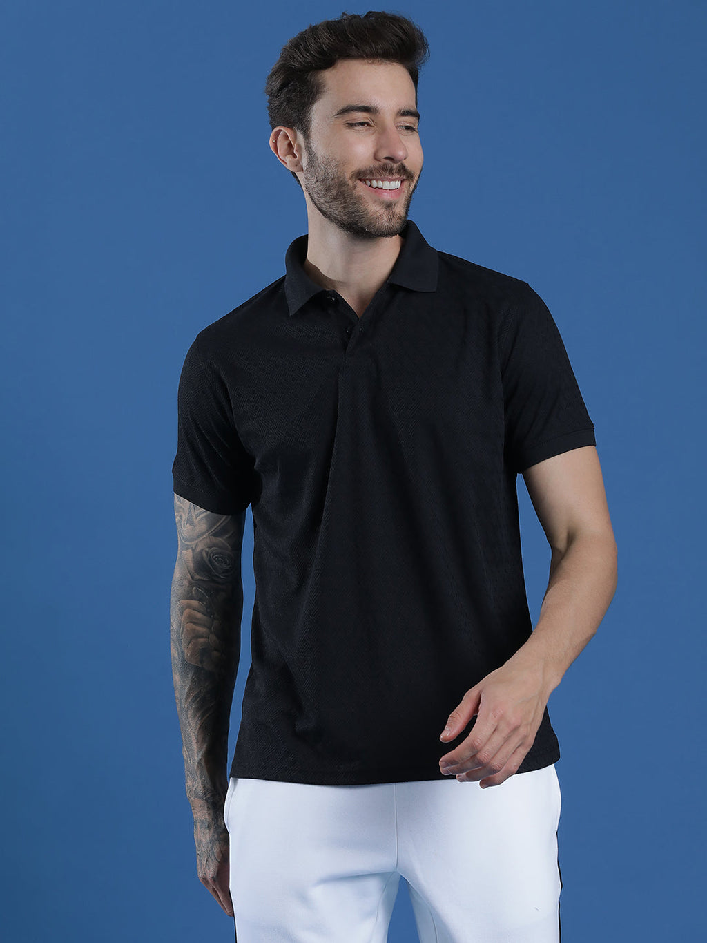 Dryfit Polyester Jacquard Textured Polo Neck Half Sleeve T-Shirt