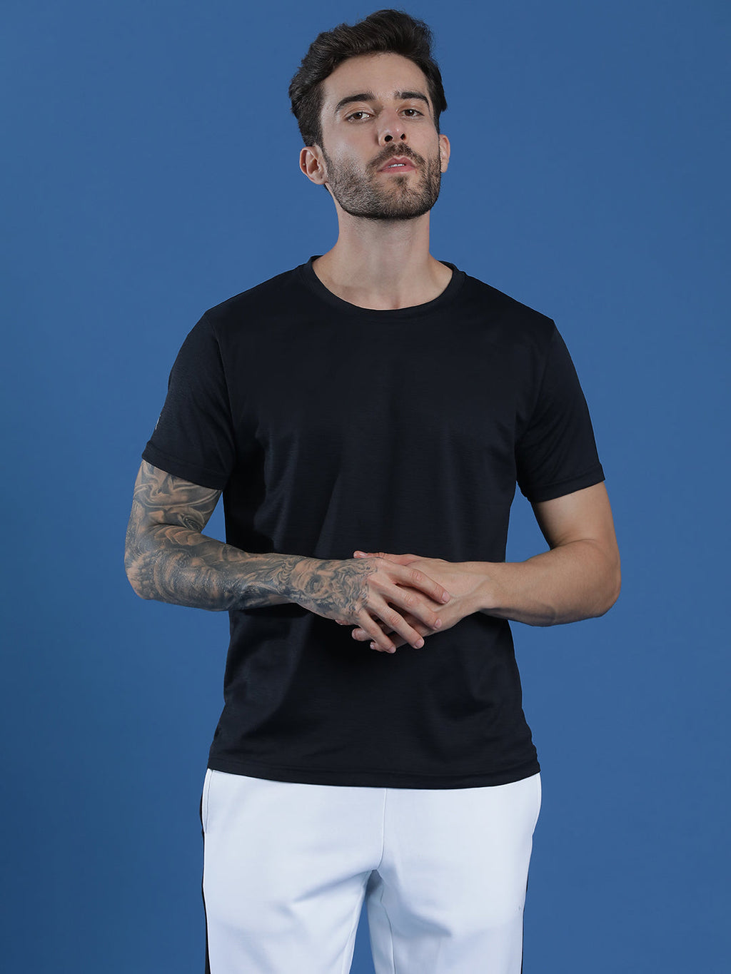 Polyester Lycra Jacquard Textured Round Neck Slim Fit Half Sleeve T-Shirt