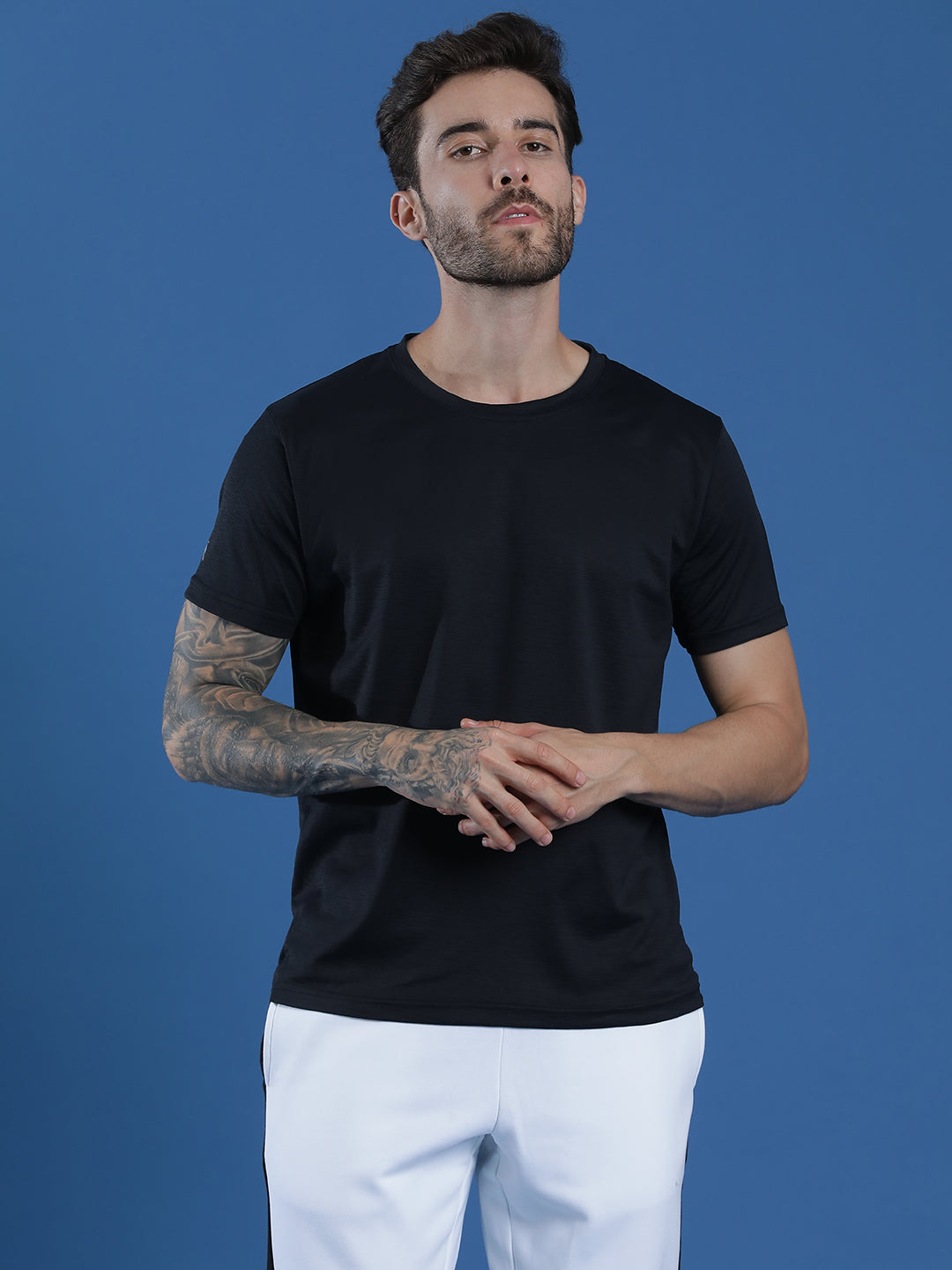 Polyester Lycra Jacquard Textured Round Neck Slim Fit Half Sleeve T-Shirt
