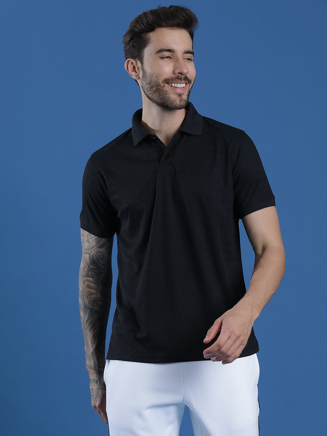 Dryfit Polyester Jacquard Textured Polo Neck Half Sleeve T-Shirt