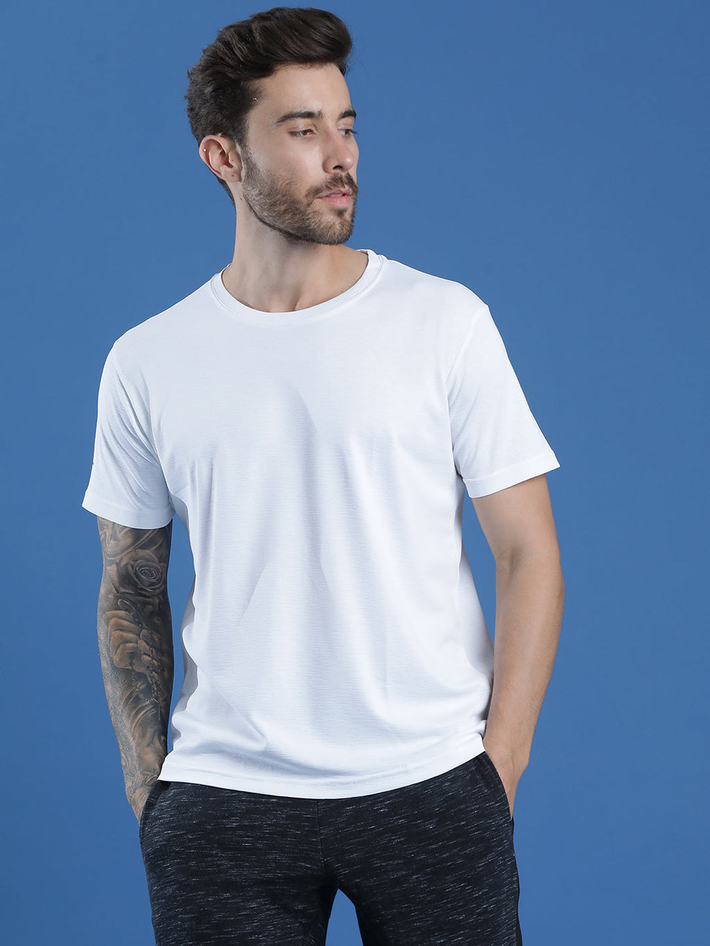 Polyester Lycra Jacquard Textured Round Neck Slim Fit Half Sleeve T-Shirt