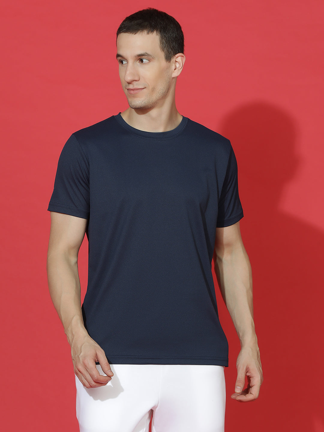 Polyester Jacquard Textured Round Neck Slim Fit Half Sleeve T-Shirt