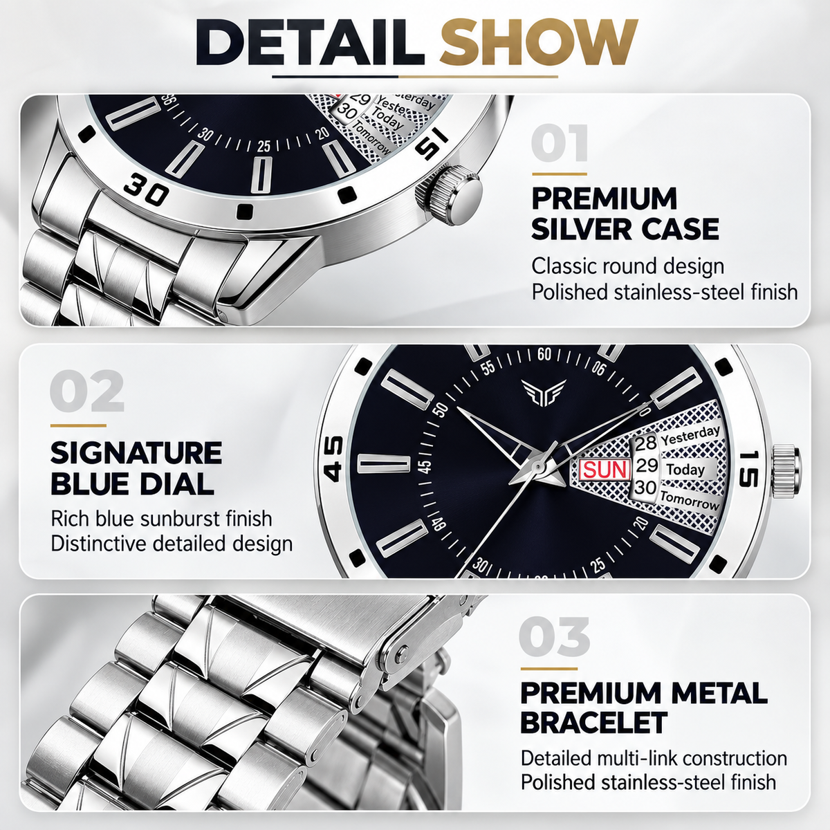 Men’s Premium Blue Sunburst Dial Stainless Steel Analog Watch- AB42