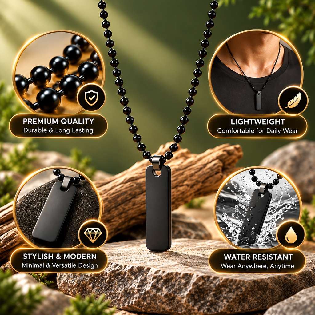 Men’s Black Beaded Chain Necklace with Matte Black Tag Pendant