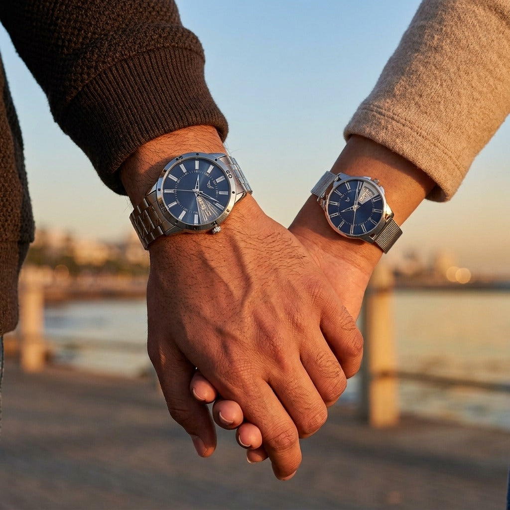 Premium Blue Dial Analog Wrist Couple Watch Set – Stainless Steel & Mesh Strap Set- AB41