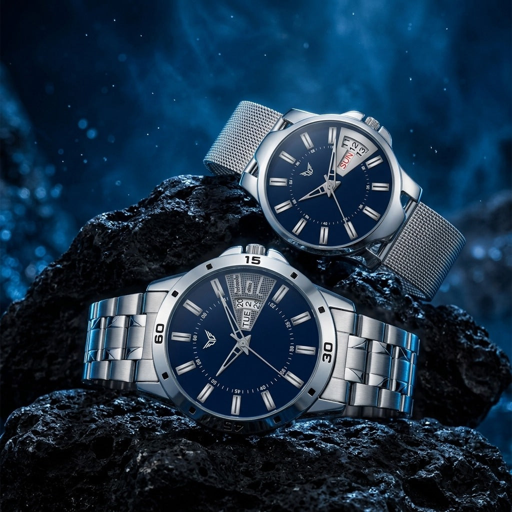 Premium Blue Dial Analog Wrist Couple Watch Set – Stainless Steel & Mesh Strap Set- AB41