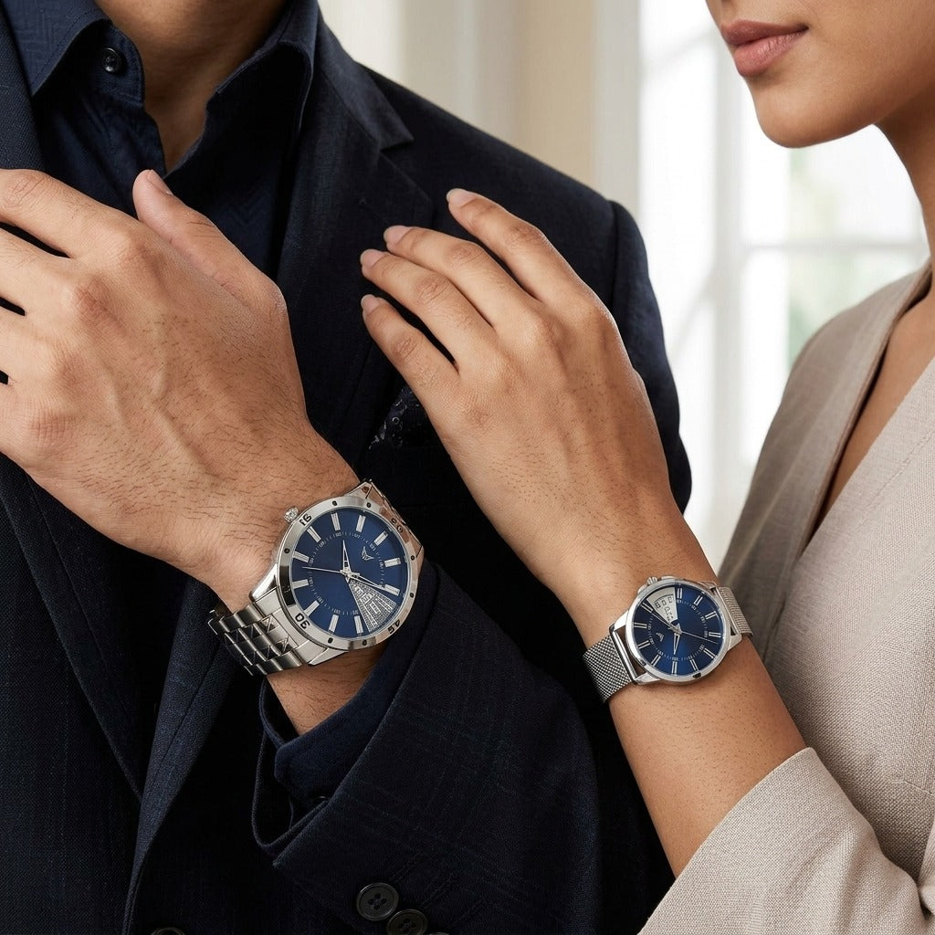 Premium Blue Dial Analog Wrist Couple Watch Set – Stainless Steel & Mesh Strap Set- AB41