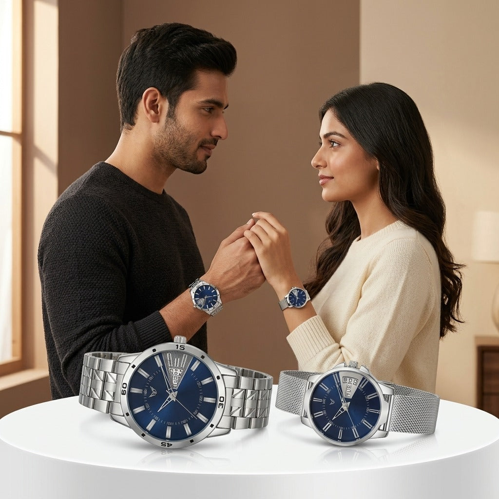 Premium Blue Dial Analog Wrist Couple Watch Set – Stainless Steel & Mesh Strap Set- AB41