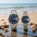 Premium Blue Dial Analog Wrist Couple Watch Set – Stainless Steel & Mesh Strap Set- AB41