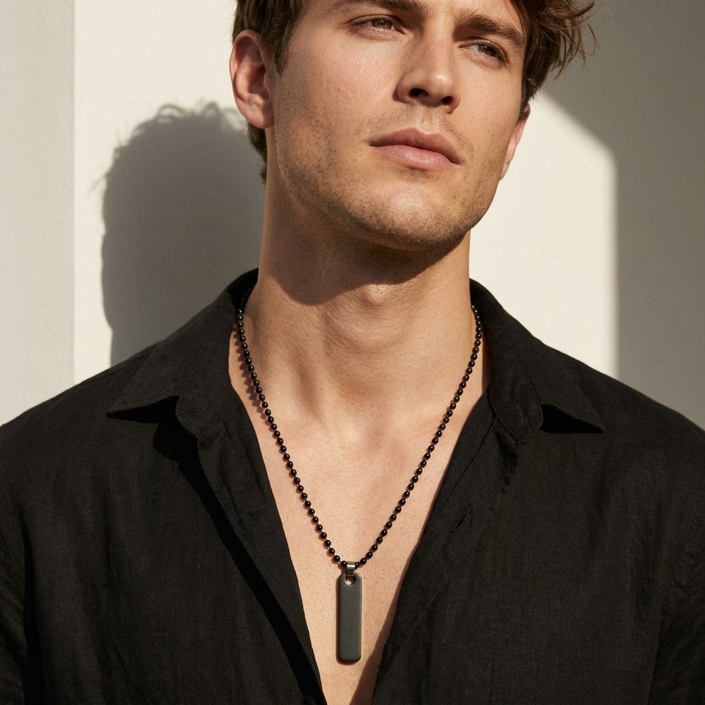 Men’s Black Beaded Chain Necklace with Matte Black Tag Pendant