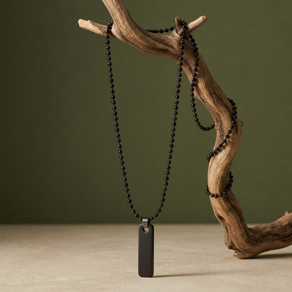 Men’s Black Beaded Chain Necklace with Matte Black Tag Pendant