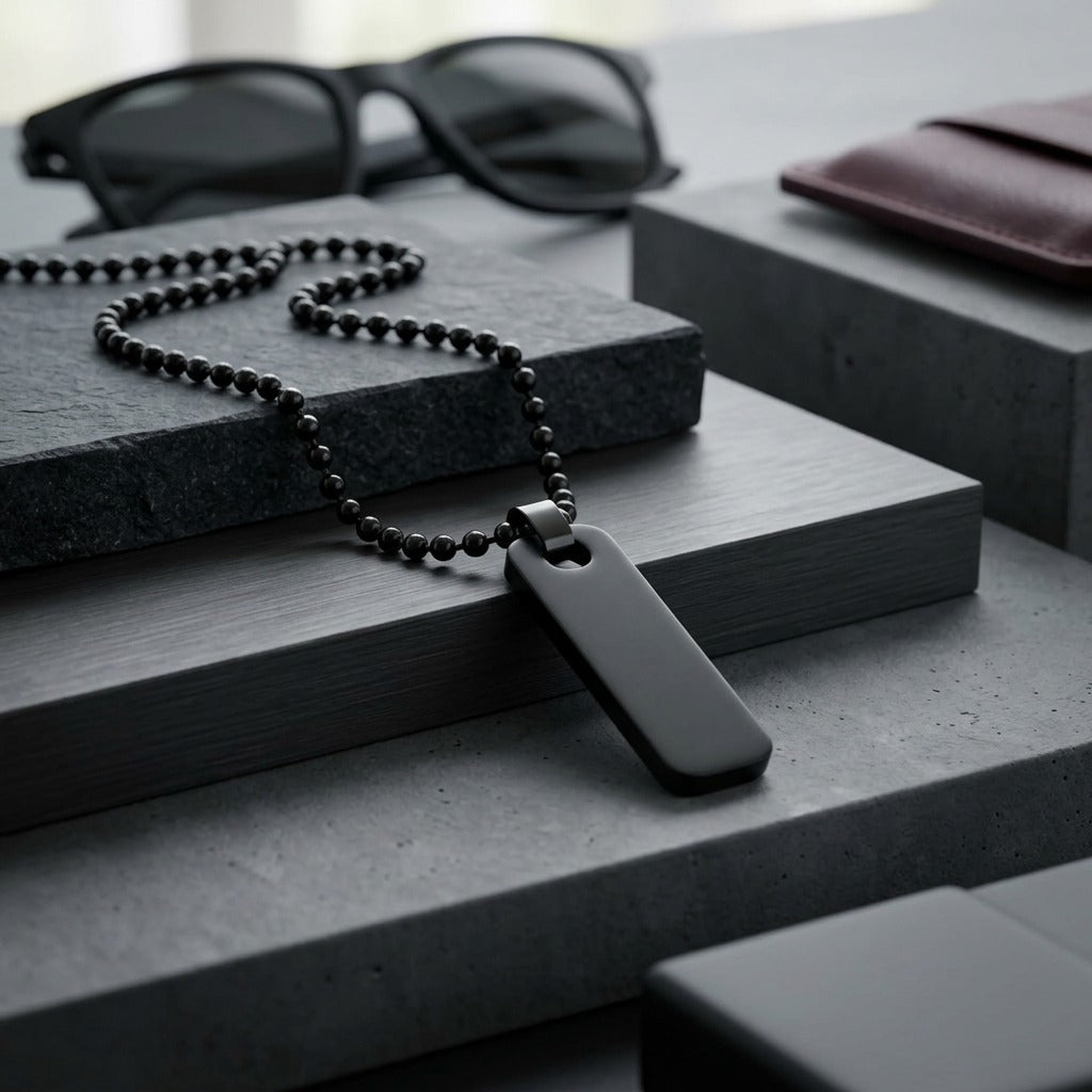 Men’s Black Beaded Chain Necklace with Matte Black Tag Pendant