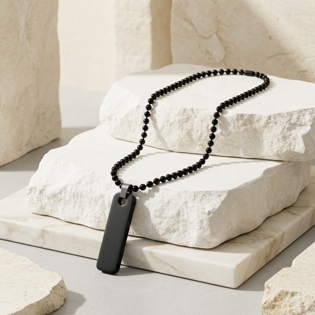 Men’s Black Beaded Chain Necklace with Matte Black Tag Pendant