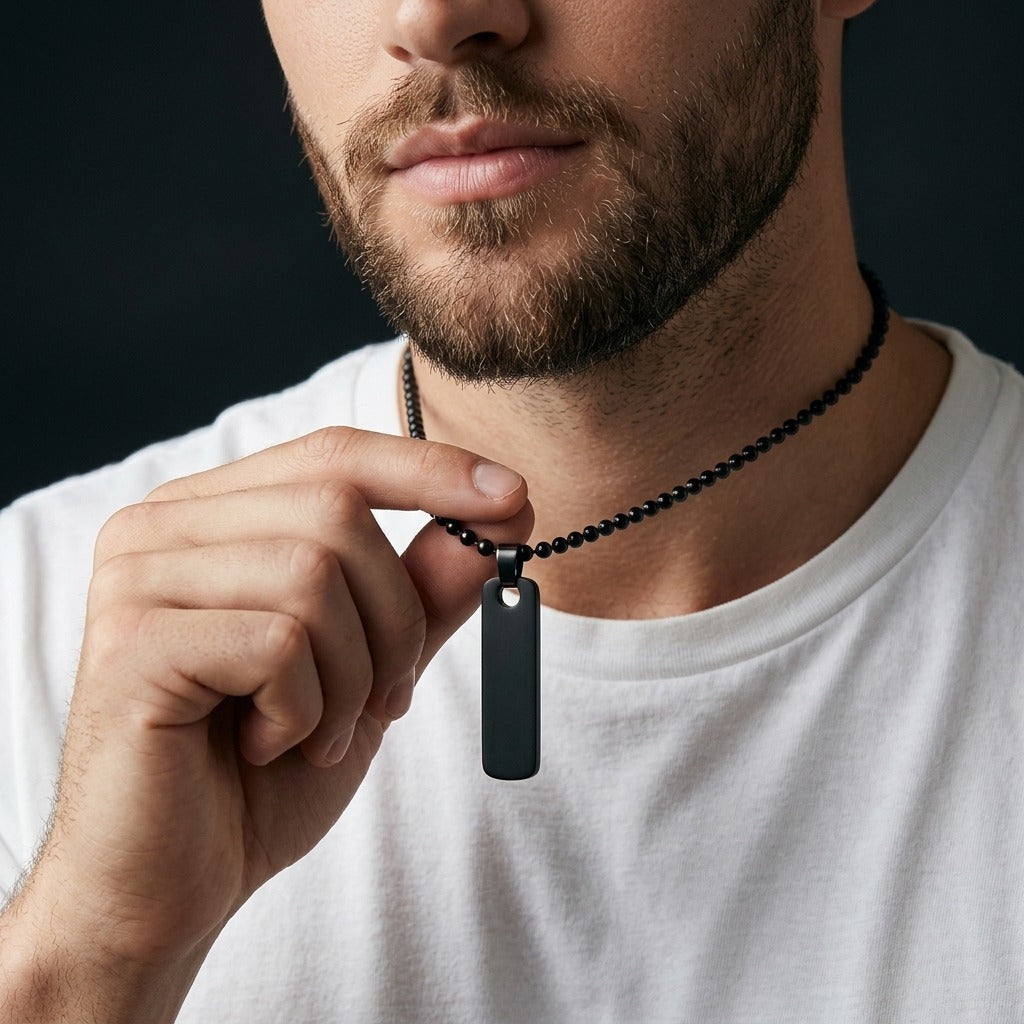 Men’s Black Beaded Chain Necklace with Matte Black Tag Pendant
