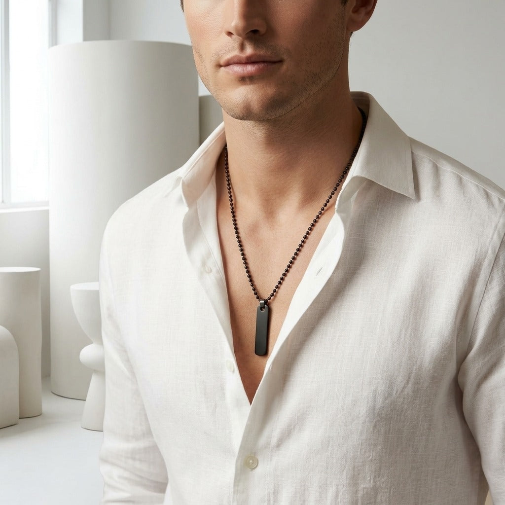 Men’s Black Beaded Chain Necklace with Matte Black Tag Pendant