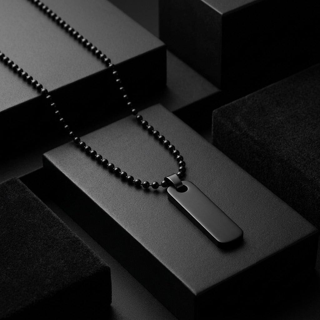 Men’s Black Beaded Chain Necklace with Matte Black Tag Pendant